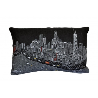 HomeRoots 482482 24 in. Chicago Nighttime Skyline Lumbar Decorative Pillow, Black & Grey 