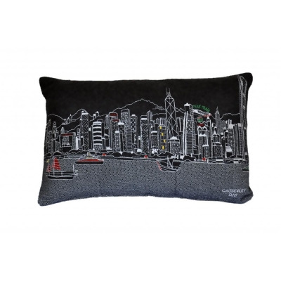 HomeRoots 482490 24 in. Hong Kong Nighttime Skyline Lumbar Decorative Pillow, Black & Grey 
