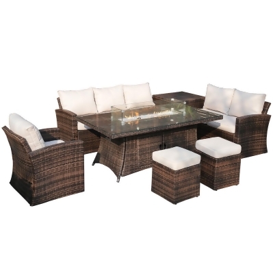 Direct Wicker UBS-1106R-1403B-Brown 8 Seat Patio Garden Gas Fire Pit Rectangle Wicker Dining Table Sofa Set 