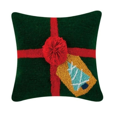 Peking Handicraft 31APS100C14SQ 14 x 14 in. Green Gift with Pom Pom Polyester Filler Hook Pillow 