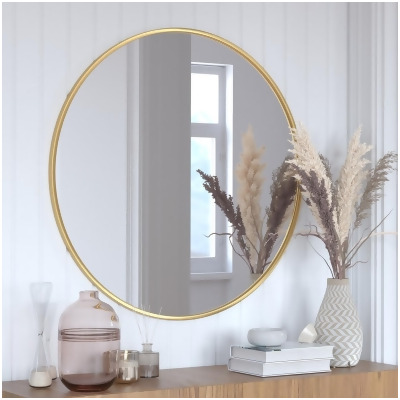 Flash Furniture HFKHD-6GD-CRE8-591315-GG 36 in. Large Accent Mirror for Bathroom, Vanity & Entryway & Dining Room & Living Room Julianne Round Metal Framed Wall Mirror, Gold 