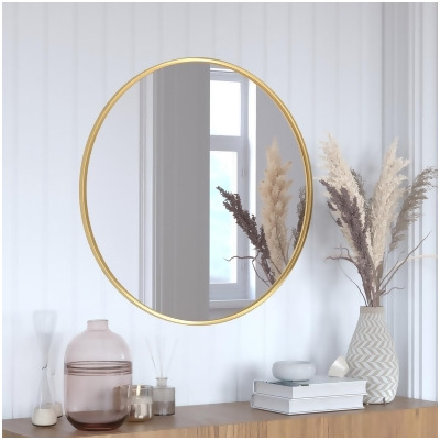 Flash Furniture HFKHD-0GD-CRE8-491315-GG 30 in. Large Accent Mirror for Bathroom, Vanity & Entryway & Dining Room & Living Room Julianne Round Metal Framed Wall Mirror, Gold 