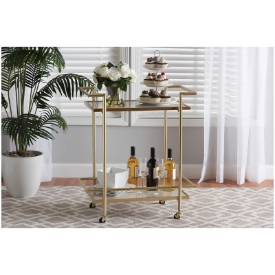Baxton Studio 193271263318 Louise Contemporary Metal & White Marble 2-Tier Wine Bar Cart, Glam & Luxe Gold 