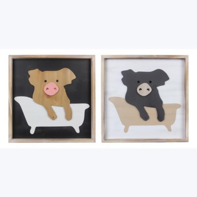 Youngs 12233 15.75 in. Pig in Bathtub Square Framed Wooden Wall Decor 