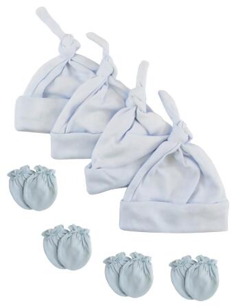 Bambini NC-0939 Boys Knotted Caps & Mittens Set, White & Blue - Newborn - 8 Piece