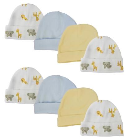 Bambini NC-0371 Baby Boys Caps, White & Blue - Newborn - Pack of 8