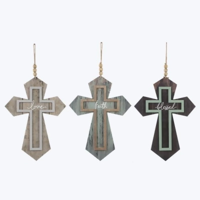 Youngs 21266 Wood Wall Hanging Cross with 3D Cross Design & Blessing Beads Accented Hanger, Assorted Style - Set of 3 