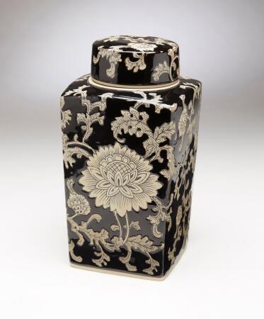 AA Importing 59820 12 in. Black & Cream Floral Ginger Jar 