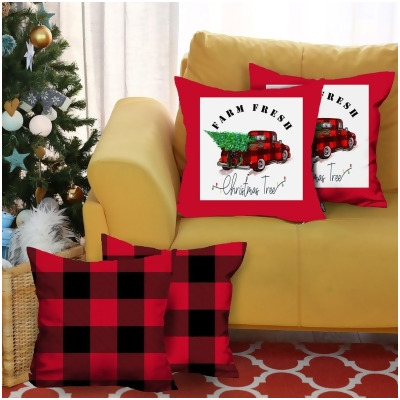 HomeRoots 400933 Multi Color Red Plaid & Red Truck Throw Pillow Covers, Set of 4 