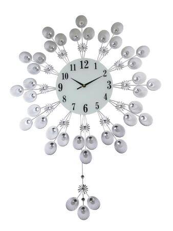 Three Star Import & Export YC750 37 x 27 in. Round Wall Clock, Silver Peacock Feather Style with Pendulum 