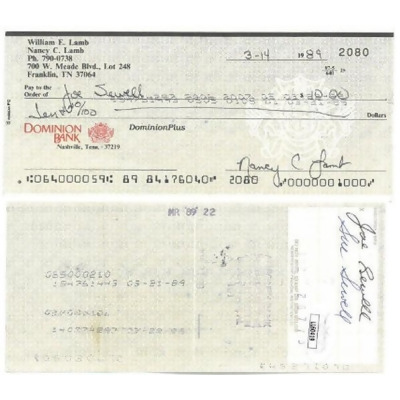 RDB Holdings & Consulting CTBL-036157 Joe Sewell Signed Endorsed Personal Check - JSA No.LL60419 - Yankees-Indians-HOF 