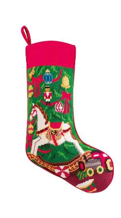 Peking Handicraft 31SJM8635NMC 11 x 8 in. Christmas Holiday Rocking Horse Embroidered Needlepoint Stocking, Green & Red 