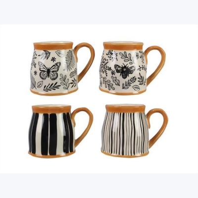 Youngs 21229 Stoneware Botanical Mugs, Black & Natural White - 4 Assorted - Terracotta Accent 