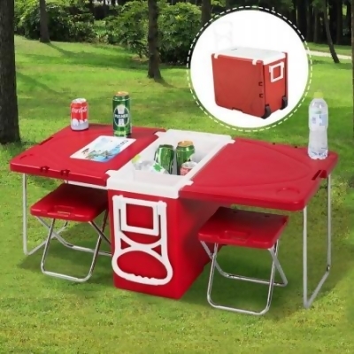 Online Gym Shop CB16948 Outdoor Picnic Camping Rolling Cooler with Table & 2 Chairs, Red 