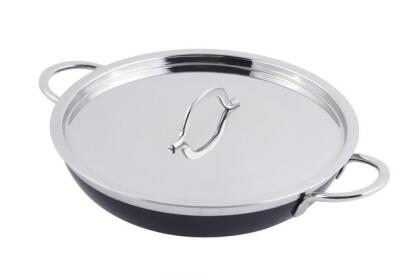 Bon Chef 60305BLACK 11 x 2.25 in. Classic Country French Collection Saute 2 quart Pan & Skillet with Cover Double Handle, Black - 12 oz
