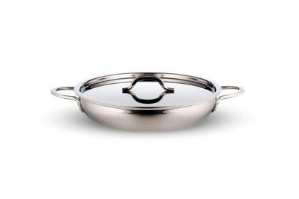 Bon Chef 60305-2ToneSS 11 x 2 in. Country French Two Tone Stainless Steel Saute 2 quart Pan & Skillet with Cover Double Handle & 2 Round Handles, 12 oz