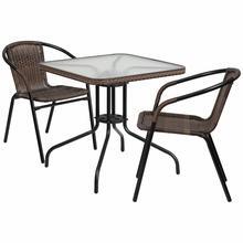 Flash Furniture TLH-073SQ-037BN2-GG 28 in. Rattan Edging Square Glass Table & 2 Stack Chair, Dark Brown 