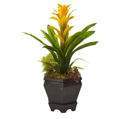 Nearly Natural 6927-YL Bromeliad In Black Hexagon Planter, Yellow 