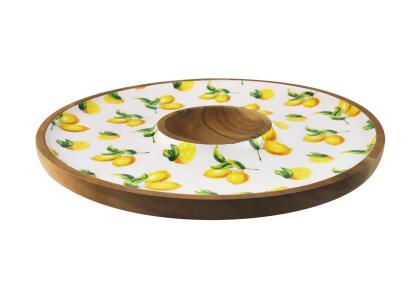 Godinger 11903 1.2 x 13.75 x 13.75 in. Wood Chip & Dip Serving Tray with Lemon Decal - Walnut, Yellow, Green & White 