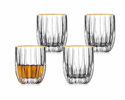 Godinger 27565 10.50 oz Pleat with Gold Rim Double Old Fashion Glass - Clear & Gold - Set of 4 