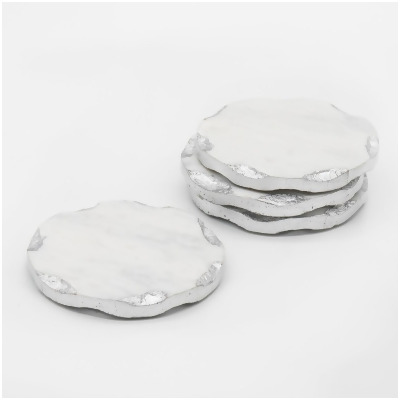Godinger 61855 Lavi Marble Round Coasters with Silver Edge - White & Silver - Set of 4 