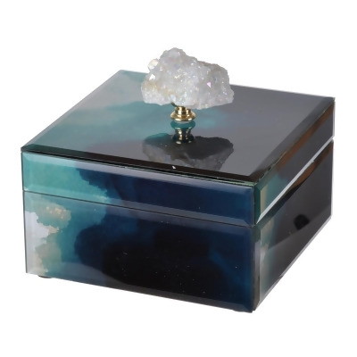 Benjara BM285002 6 in. Eve Decorative Accessory Box with Elegant Stone & Finial Accent, Blue 