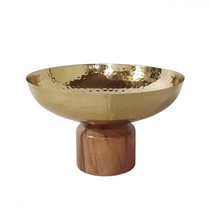 Benjara BM284951 10 in. Roe Steel Decorative Medium Acacia Wood Table Bowl - Gold & Brown 