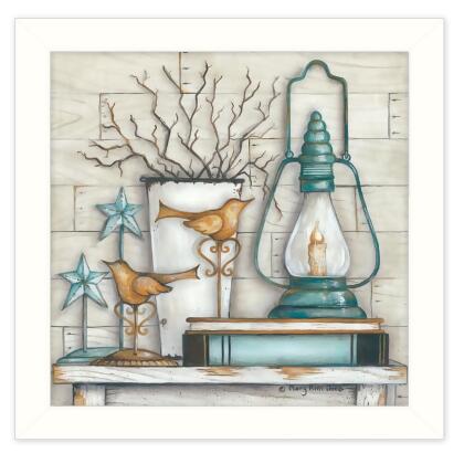 HomeRoots 405312 14 x 14 x 1 in. Lantern On Books 2 White Framed Print Wall Art