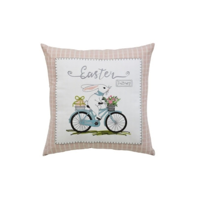 HomeRoots 479174 17 x 4 x 17 in. Light Pink Checkered Easter Bunny on Bicycle Throw Pillow 