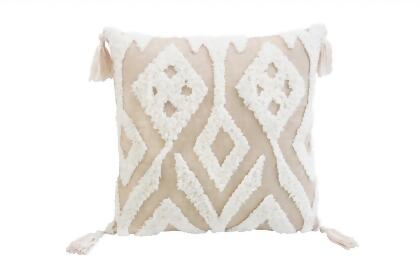 HomeRoots 479194 4 x 17 x 17 in. Beige & White Ikat Zippered Polyester Throw Pillow with Tassels 