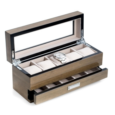 Bey-Berk International BB647GRY Lacquered Silver Walnut Wood 5 Watch Box with Glass Top, 5 Compartment Accessory Drawer & Chrome Accents - Grey 