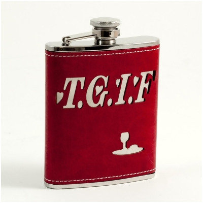 Bey-Berk International FS376 6 oz Stainless Steel Red Leather T.G.I.F. Flask with Stitching, Captive Cap & Durable Rubber Seal - Red & Silver 