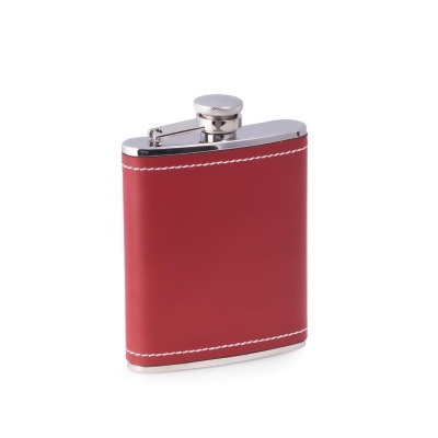 Bey-Berk International FS156 6 oz Stainless Steel Red Leather White Stitch Flask, Red, White & Silver 