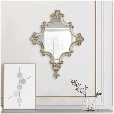Benjara BM286109 30 in. Fir Wood Accent Wall Mirror with Carved Ornate Scrollwork, Antique White 