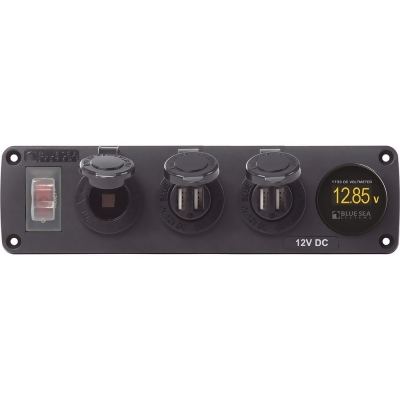 Blue Sea Systems 4368 Water Resistant USB Accessory Panel - 12V Socket, 2x 2.1A Dual USB Chargers, Mini Voltmeter 
