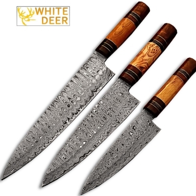 EdgeWork SDM-2262 White Deer Custom Made Damascus Chef Knife, Set of 3 