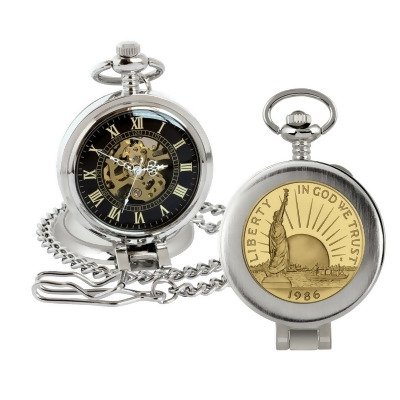 American Coin Treasures 16280 Gold-Layered Statue of Liberty Commemorative Half Dollar Coin Pocket Watch with Skeleton Movement, Black Dial with Gold Roman Numerals - Magnifying Glass 