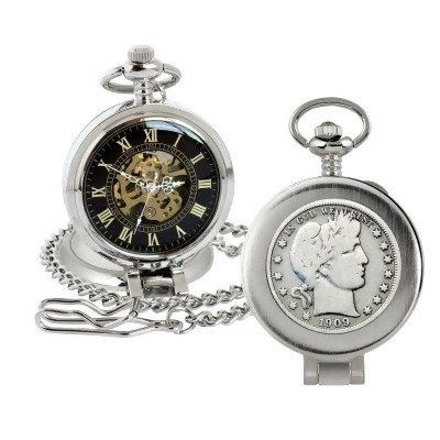American Coin Treasures 16272 Silver Barber Half Dollar Coin Pocket Watch with Skeleton Movement, Black Dial with Gold Roman Numerals - Magnifying Glass 