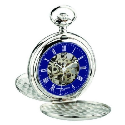 Charles-Hubert Paris DWA062 47 mm Double Hunter Case Mechanical Pocket Watch with Matching Chain, Chrome 