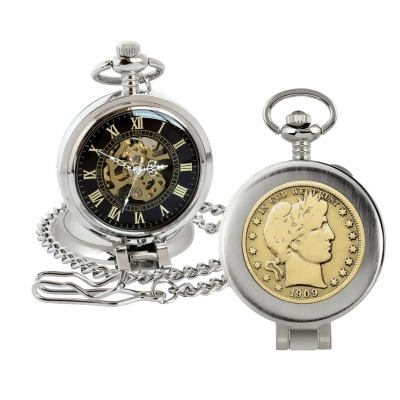 American Coin Treasures 16279 Gold-Layered Silver Barber Half Dollar Coin Pocket Watch with Skeleton Movement, Black Dial with Gold Roman Numerals - Magnifying Glass 