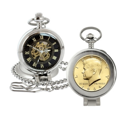 American Coin Treasures 16276 Gold-Layered JFK 1964 First Year of Issue Half Dollar Coin Pocket Watch with Skeleton Movement, Black Dial with Gold Roman Numerals - Magnifying Glass 