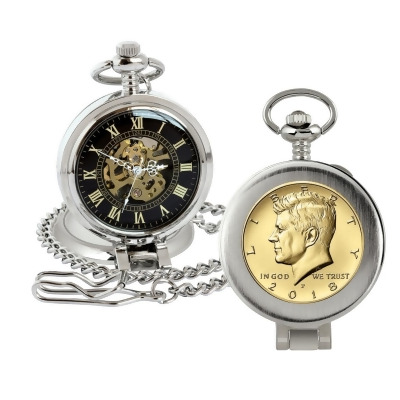 American Coin Treasures 16274 Gold-Layered JFK Half Dollar Coin Pocket Watch with Skeleton Movement, Black Dial with Gold Roman Numerals - Magnifying Glass 