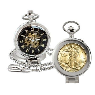 American Coin Treasures 16278 Gold-Layered Silver Walking Liberty Half Dollar Coin Pocket Watch with Skeleton Movement, Black Dial with Gold Roman Numerals - Magnifying Glass 