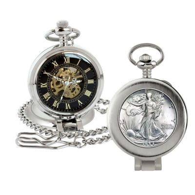 American Coin Treasures 16271 Silver Walking Liberty Half Dollar Coin Pocket Watch with Skeleton Movement, Black Dial with Gold Roman Numerals - Magnifying Glass 