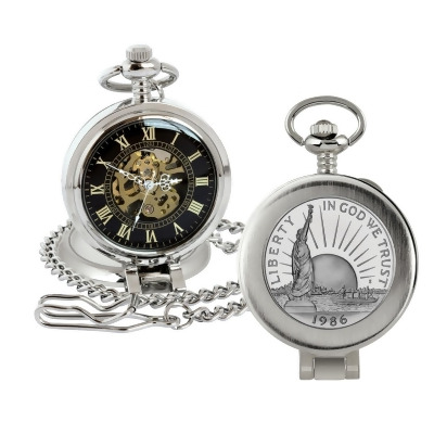 American Coin Treasures 16273 Statue of Liberty Commemorative Half Dollar Coin Pocket Watch with Skeleton Movement, Black Dial with Gold Roman Numerals - Magnifying Glass 