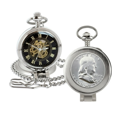 American Coin Treasures 16270 Silver Franklin Half Dollar Coin Pocket Watch with Skeleton Movement, Black Dial with Gold Roman Numerals - Magnifying Glass 