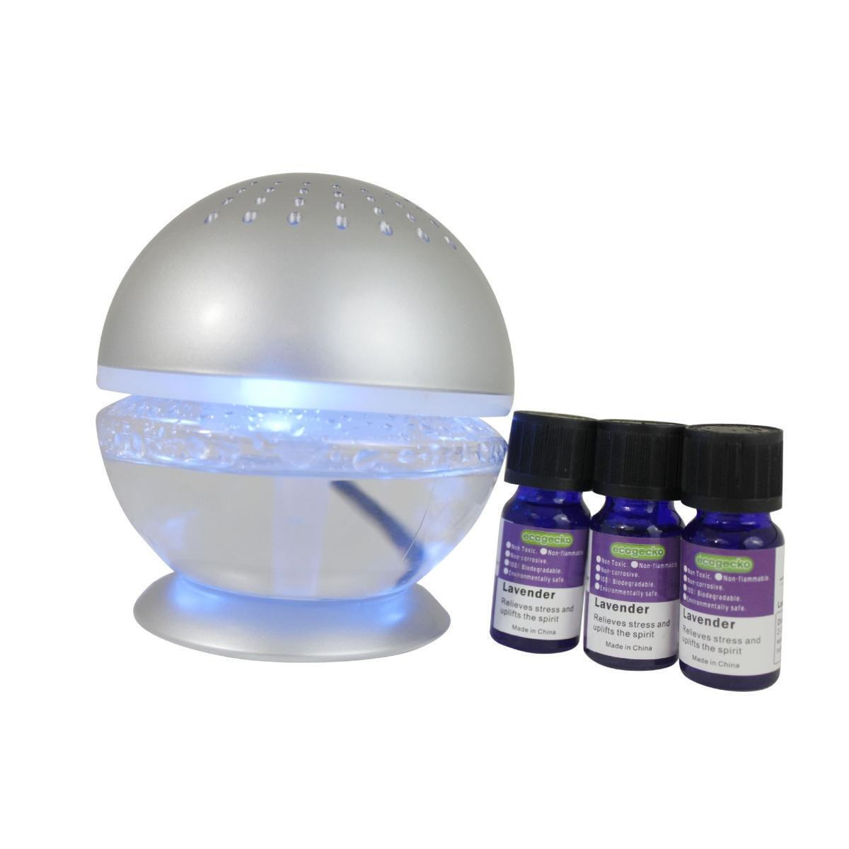 EcoGecko 75002-10ML-3PACK-75518-Silver 10 ml Little Squirt Silver Glowing Wate Air Revitalizer Air Washer Aromatherapy Essential Oil Diffuser with 3 Bottles of Lavender Oil, Silver - Pack of 3