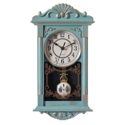 Clockswise QI004145.BL Vintage Grandfather Wood- Looking Plastic Pendulum Wall Clock for Living Room, Kitchen, or Dining Room, Blue with Gold Distressed Design 