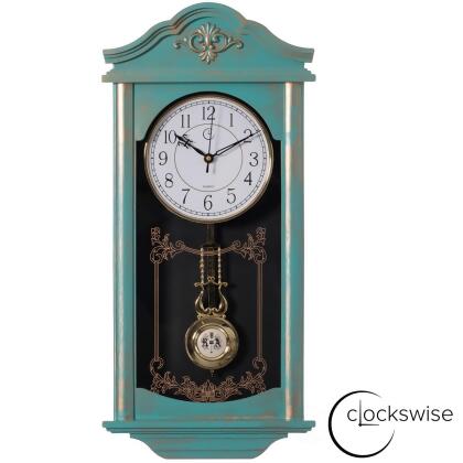 Clockswise QI004145.L.BL Large Vintage Grandfather Wood- Looking Plastic Pendulum Wall Clock for Living Room, Kitchen, or Dining Room, Large Blue with Gold Distressed Design 