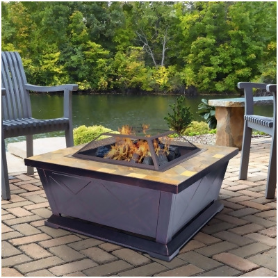 American Furniture Classics 5505 21 x 36 x 36 in. Outdoor Leisure Products Square Steel Fire Pit with Decorative Slate Hearth, Oil Rubbed Bronze 